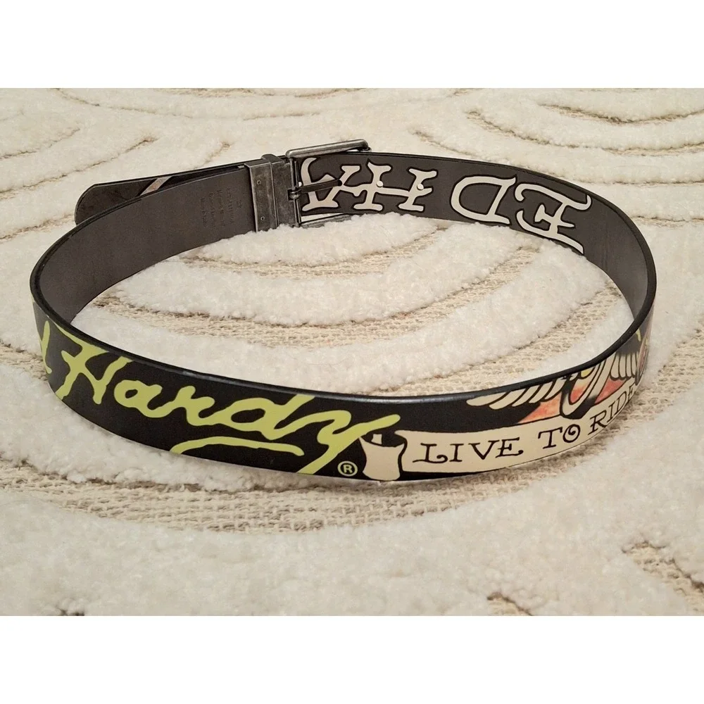 ED HARDY - MEN'S REVERSIBLE BLACK GRAPHIC BELT SPEED KILLS SIZE 32